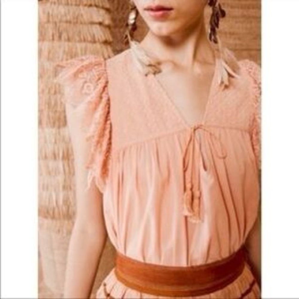 Ulla Johnson Peach Lace-Sleeve V-Neck Blouse